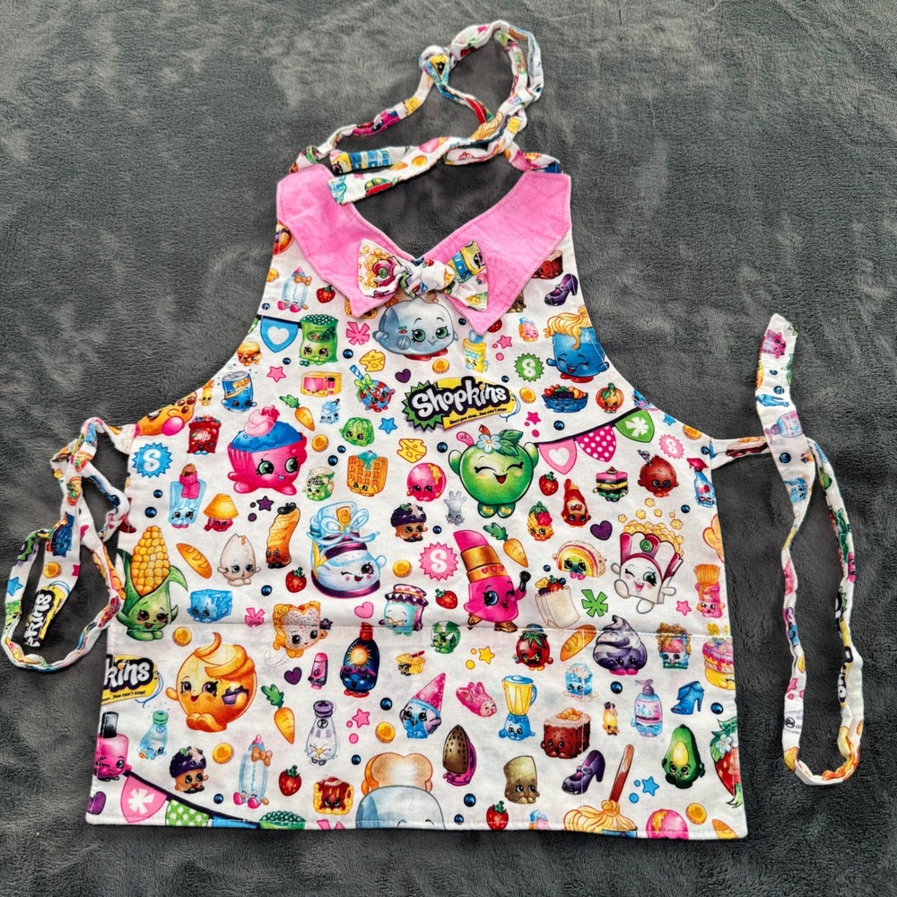 Kids Shopkins Apron Toddler Child Adjustable Neck Tie Pocket Pink Bow